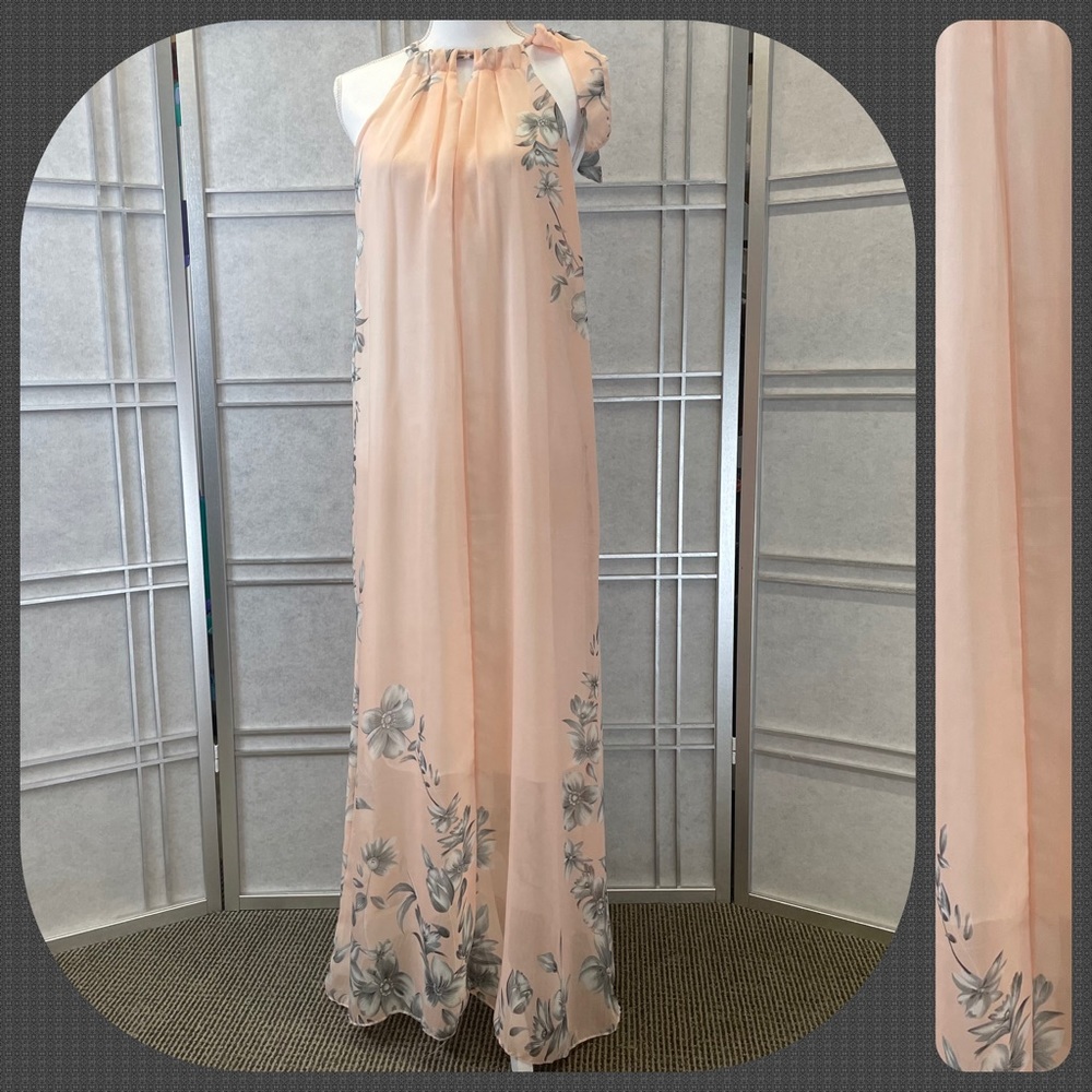 Peach & Grey Floral Long Halter Dress, Lg